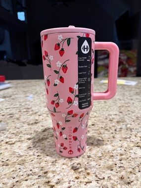 HydroJug Traveler Pink Strawberry Tumbler 40oz Insulated Handle Floral Print